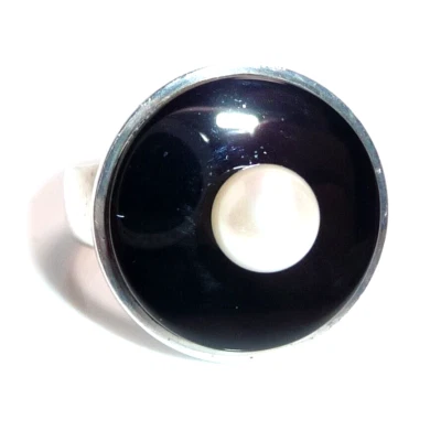 Ring 925 Silber schwarzer Onyx mit Akoya-Perle unten offen ==  Gr. 50-55 möglich - Bild 1 von 4