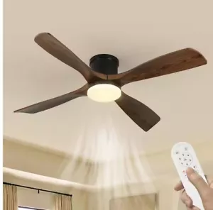 TOZING 54 in. Smart Indoor Black and Wood Low Profile Flush Mount Ceiling Fan Li - Picture 1 of 11