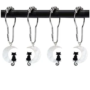 Black Cat Shower Curtain Hooks with Moon Bathroom Decoration12 Pcs Rust Proof... - Picture 1 of 5