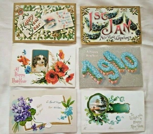 VINTAGE LOT of 6 HAPPY NEW YEAR POST CARDS, EMBOSSED, 1908-1912,  GERMANY - Picture 1 of 8
