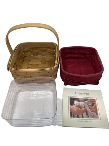 Vintage Longaberger Hand Woven Basket 5X6.5 With Red Fabric and Plastic Liner Cover
