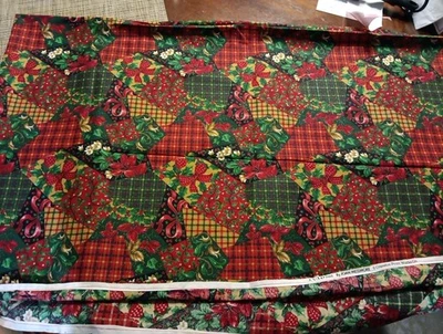Christmas Plaids & Holly Cotton Fabric 43"W VIP Print Joan Messmore 1 7/8 Yards  - Image 1 of 3