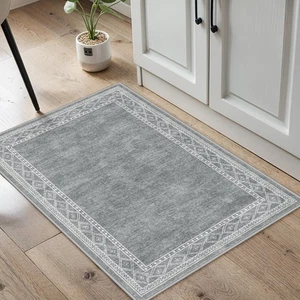 2x3ft Grey Modern Bordered Kitchen Rug, Non Slip, Washable, Ultra-Thin Door Mat - Picture 1 of 7