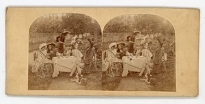 Victoriano Stereoview Grupo disfrazado follando con té, perro y trompeta - Imagen 1 de 2