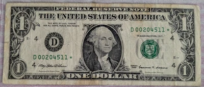 1999 $ 1 Dollar star note SN D00204511* circulated - Image 1 of 2