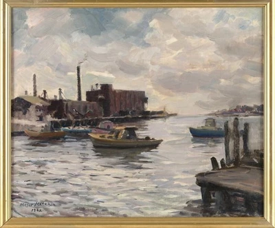 2 pinturas vintage de Gloucester Harbor de Meyer Matzkin, artista importante de Boston 20x24 Foto 1 de 4