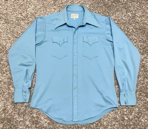 Rockmount Ranch Wear Tru West Men's Large Blue Shirt Pearl Diamond Snap USA - Picture 1 of 11