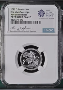 2025 Royal Mint Proof Sovereign .999 Silver Coin - NGC PF70 Advanced Release Sig - Picture 1 of 2