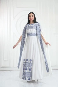 Mujeres Palestinas Bordadas Kaftan Indego Mangas Abiertas Estilo Tatreez Henna - Imagen 1 de 4
