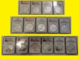 2000-2018 CHINA 10Y 19 OZ SILVER PANDA 19 COINS PERFECT COMPLETE SET NGC MS 70 - Picture 1 of 11