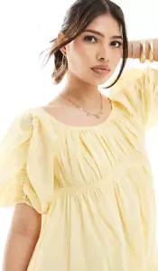 Cotton Voile midi smock dress with puff gathered sleeves in lemon. - Picture 1 of 6