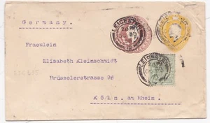 1908 1½d & 3d EMBOSSED POSTAL STATIONERY ENV UPRATED ½d LEICESTER TO GERMANY - Picture 1 of 2