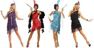 1920S ROARING 20'S ADULT DAZZLING FLAPPER GATSBY COSTUME DRESS BLACK RED PURPLE - Picture 1 of 6