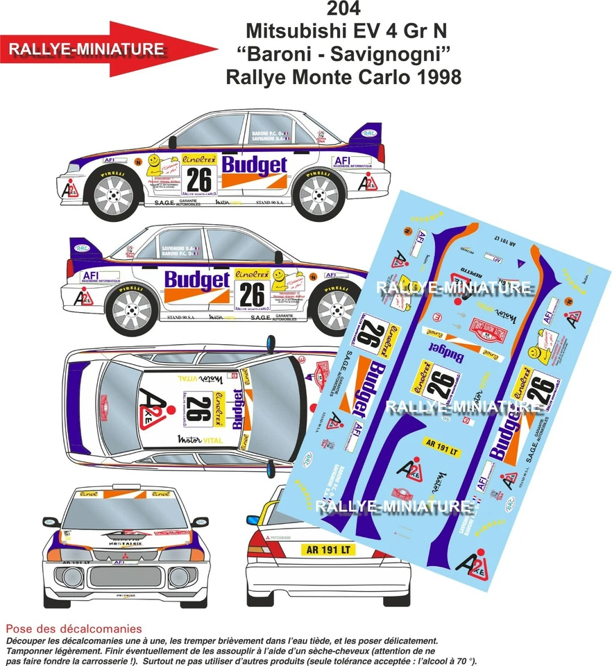 DECALS 1/18 REF 0204 MITSUBISHI LANCER BARONI RALLYE MONTE CARLO 1998 WRC RALLY - Photo 1/1