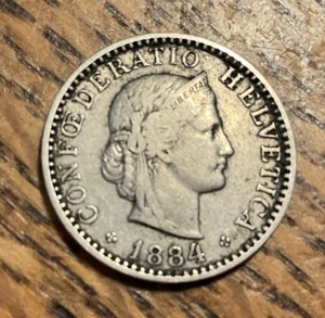 1884 Switzerland 20 Rappen Coin-Libertas- Swiss Confederation - Picture 1 of 2