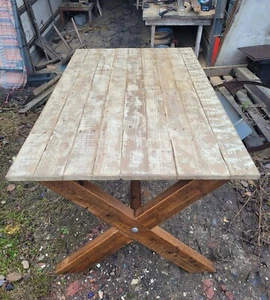 Rustic Reclaimed Pine X Frame Leg Dining Table Length 142cm - Picture 1 of 13