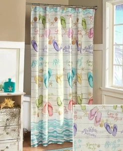 Tropical Summer Colorful Flip-Flops Shower Curtain Beach Seaside Shells 12 Hooks - Picture 1 of 2