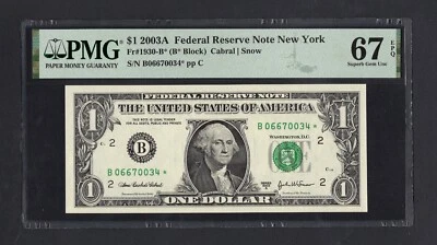 United States-Federal Res One Dollar 2003A Fr#1930-B* (B* Block) UNC Grade 67 - Image 1 of 2