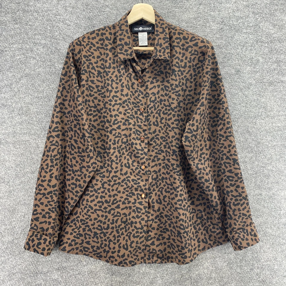 Sag Harbor 衬衫女式 18 Plus 棕色动物印花纽扣领长袖 — 第 1/4 张图片