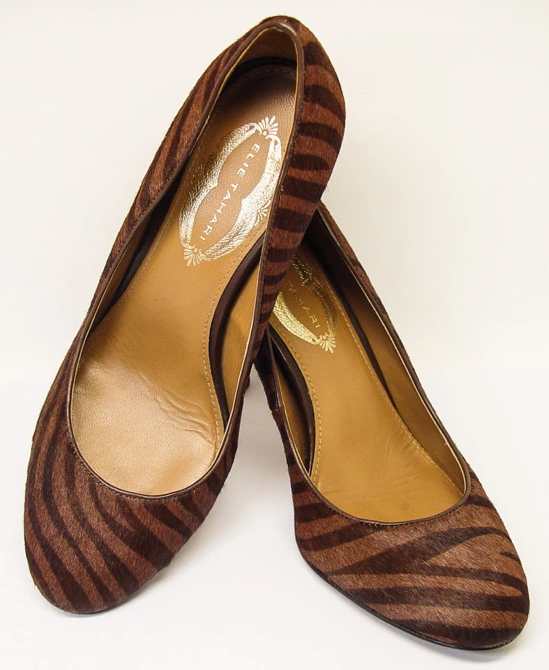 ELIE TAHARI TALLA 37 1/2 (US 7) PIEL DE BECERRO ANIMAL PRINT 3.5" TACONES ZAPATOS DE SALÓN BUEN ESTADO Foto 1 de 4