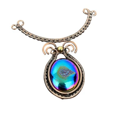 Oval Titanium Druzy Gemstone Chain Wire Wrapped Sister Necklace Jewelry Copper - Image 1 of 4