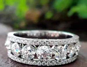 14K White Gold Plated Round Simulated Diamond Half Eternity Wedding Band Ring - Picture 1 of 5