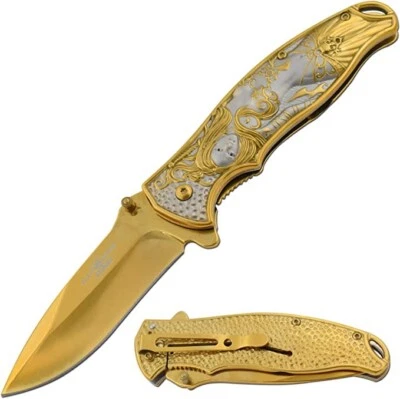 9" GOLD MERMAID SPRING ASSISTED HEAVY DUTY POCKET KNIFE Sea Fantasy - Image 1 of 4