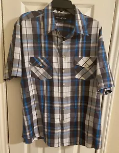 Beverly Hills Polo Club Mens Shirt 2XLB Gray & Blue Plaid Short Sleeve Button Up - Picture 1 of 3