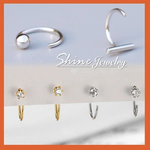 925 Sterling Solid Silver Crystal Ear Nose Stud Open Ring Hoop Earring Piercing - Picture 1 of 42
