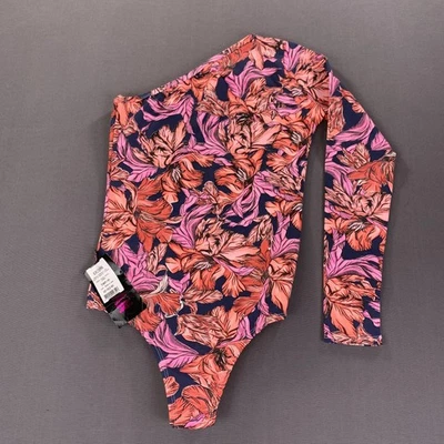 Kaisan Bodysuit Womens Medium Pink Orange Floral One Shoulder Long Sleeve NWT - Image 1 of 4