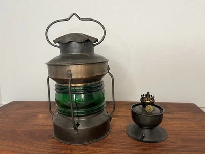Vintage Metal Marine Nautical Dock Kerosene Lantern with Green Glass Globe - Image 1 of 4