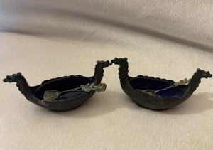 Pair Vintage David Andersen 925 Sterling Silver Viking Ship Salt Dishes & Spoons - Picture 1 of 18