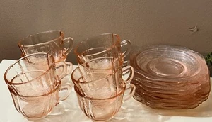 8 Sets Vintage Pink Depression Federal Glass Madrid Pattern Cup & Saucer - Picture 1 of 6