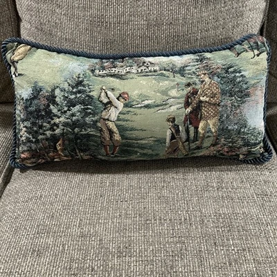 Vintage Golf Tapestry Lumbar Pillow Decorative Throw Pillow Golfing Scene - Image 1 of 4