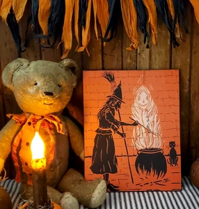 OLD RETRO VINTAGE MODERN CREPE PAPER LIKE STYLE HALLOWEEN WITCH SILHOUETTE SIGN - Picture 1 of 9