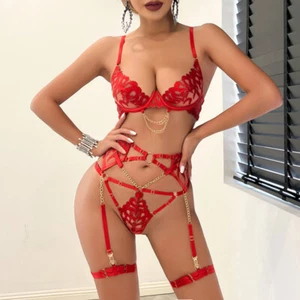 Embroidery Hollow Lace Ribbon Bra Thong Garter Four-piece Set Lingerie Underwear - Picture 1 of 26