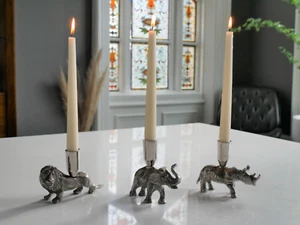 Juego de 3 Candelabros Plateados Aluminio Animal Elefante Rinoceronte León - Imagen 1 de 4