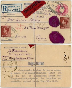GB KG5 REGISTERED STATIONERY 1937 INSURED VIOLET SEALS UPRATED KE8th 3d to PARIS - Picture 1 of 4