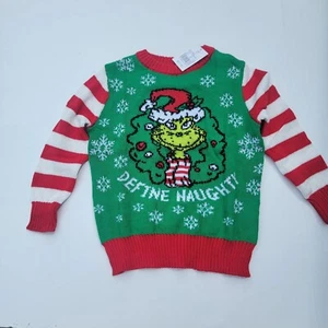 The Grinch 2T Define Naughty Knitted Pullover Christmas Sweater Kids Green Red - Picture 1 of 5