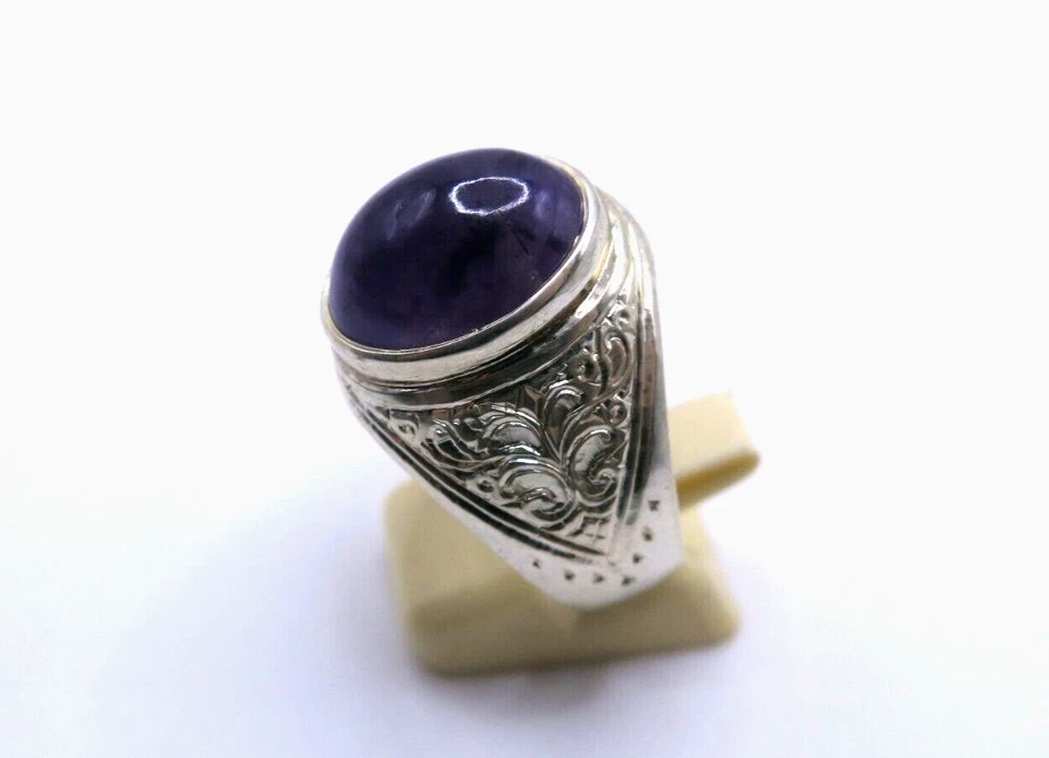 Men's Mid-Century Sterling Silver Amethyst Ring – Oval Bezel Set, Size 13 - Image 1 of 4