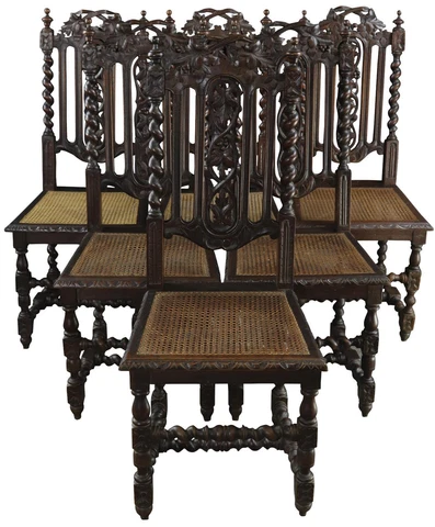 Antique Dining Chairs French Hunting Renaissance Set 6 Oak Wood Rattan Cane Cover