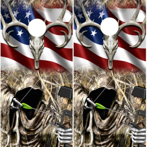 Cornhole Wrap Grim Reaper Bow Hunter con bandera estadounidense y calcomanía camuflada paquete de 2 #09 - Imagen 1 de 3