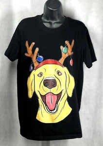 Black T-Shirt Short Sleeved Dog/Labrador Retriever with Antlers & Lights MEDIUM - Picture 1 of 9