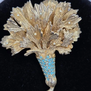 Vintage Benedikt NY Gold Floral Bouquet Brooch Turquoise Pearl Accents - Picture 1 of 8