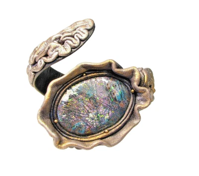 Adjustable Genuine Sculpted  Leather Cuff Bracelet-Enamel Dichroic Stone - Image 1 of 4