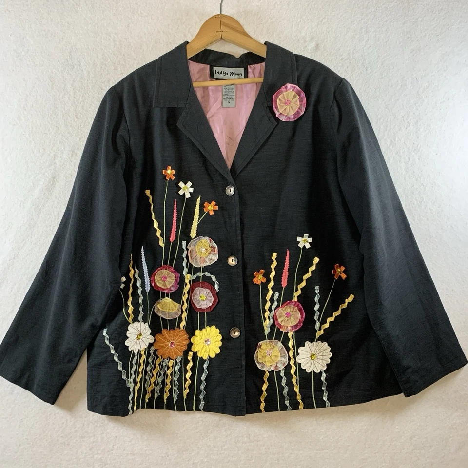 Indigo Soul 女式 Statement Blazer 尺寸 1X 刺绣花卉 Whimiscal Artsy — 第 1/4 张图片