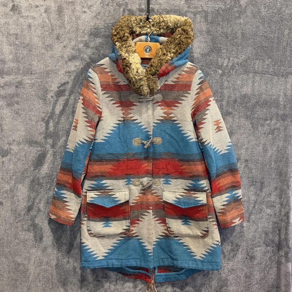 Abrigo BB Dakota para mujer mediano azul rojo azteca con capucha lona mezcla de lana Foto 1 de 4