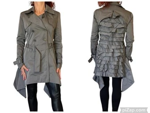 BCBG Max Azria Ophelia Trench Cappotto Doppiopetto Grigio Cintura Tafetta Ruffle S - Foto 1 di 10