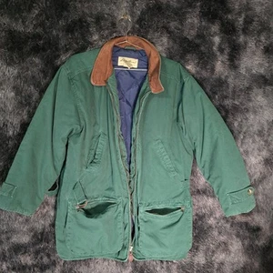 Vintage Eddie Bauer Down Jacket Men’s Large Green Canvas Barn Coat Leather Collr - Picture 1 of 21