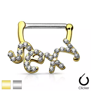 Pair of CZ Paved "Sexy" 14K Gold Plated Surgical Steel Nipple Bar Clicker Rings - Picture 1 of 5